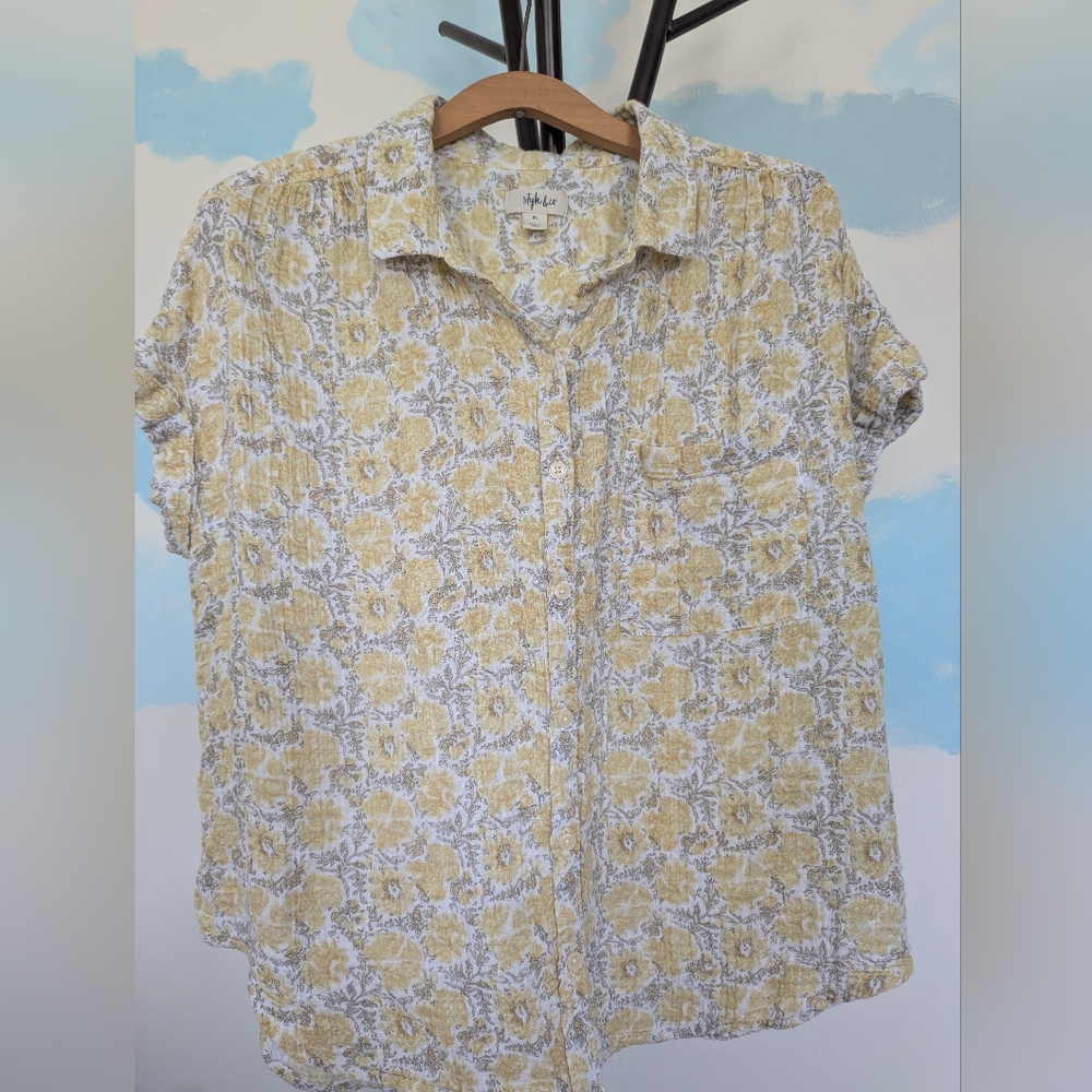 Style & Co Short Sleeve Grey/Yellow Cotton Camp Shirt - Size XL